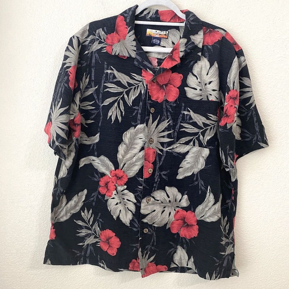 Havana Jacks Cafe Shirt Mens Large Silk Hawaiian Flower Short Sleeve